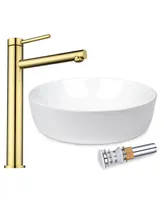 Round Bathroom Countertop Vessel Sink Faucet Set Vanity Mixer Tap w/Pop Up Drain