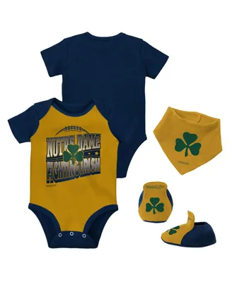 Infant Boys and Girls Mitchell & Ness Navy, Gold Notre Dame Fighting Irish 3-Pack Bodysuit, Bib Bootie Set