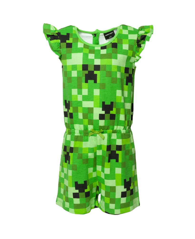 Minecraft Creeper Girls French Terry Sleeveless Romper Green