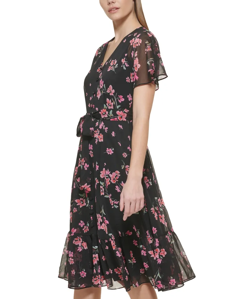 Calvin Klein Women's Floral Flutter-Sleeve Midi Dress