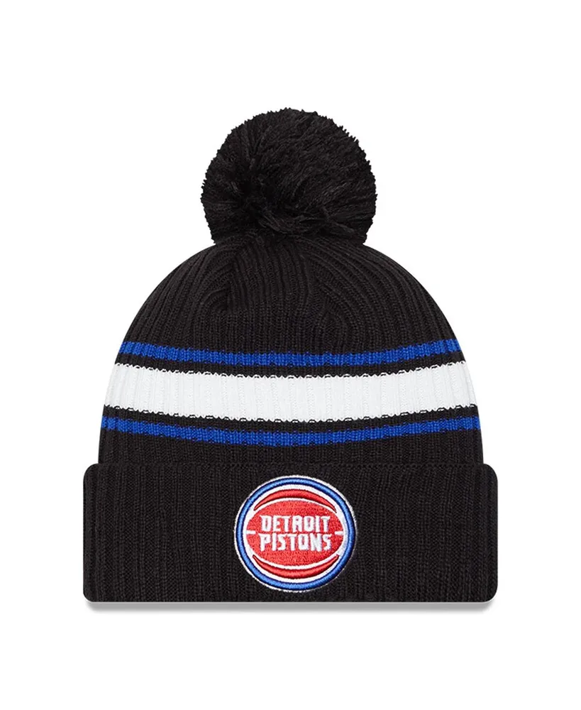 Men's New Era Black Detroit Pistons White Stripe Cuffed Pom Knit Hat