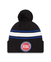 Men's New Era Black Detroit Pistons White Stripe Cuffed Pom Knit Hat