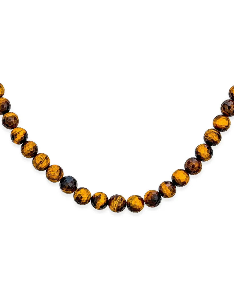 Faceted Brown Tiger Eye Round 8MM Bead Strand Necklace Western Jewelry For Women For Men Silver Plated Toggle Clasp 16 Inch