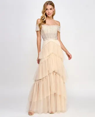 City Studios Juniors' Sequin-Bustier Off-The-Shoulder Gown, Created for Macy's