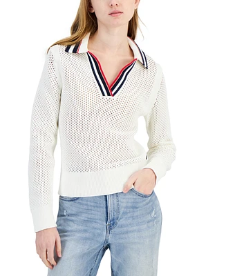 Tommy Hilfiger Women's Cotton Collared V-Neck Mesh Sweater