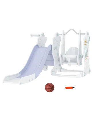 Qaba 3 in 1 Toddler Swing and Slide Set with Basketball Hoop, Baby Indoor Playground, Space Theme, White and Gray