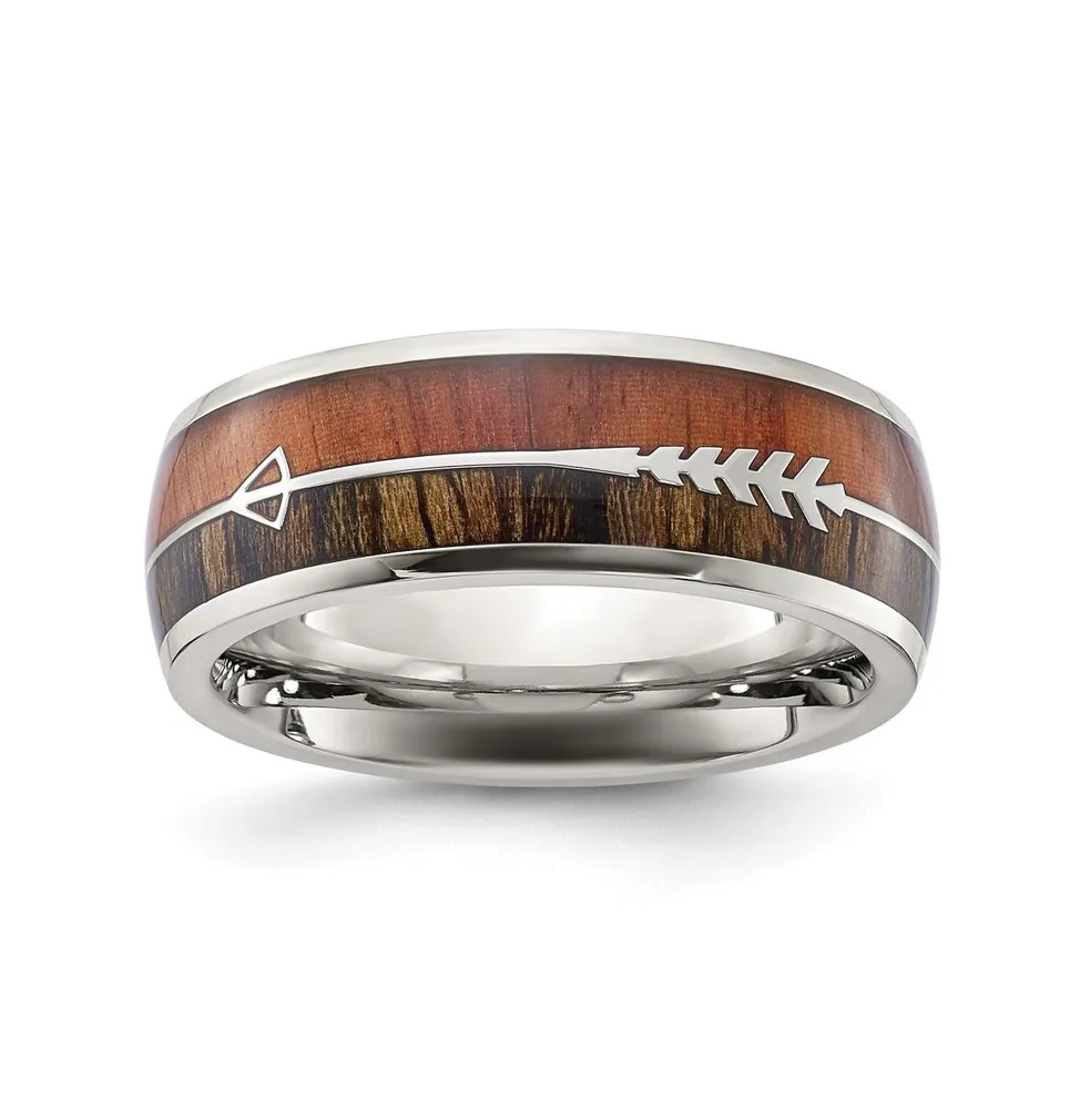 Chisel Stainless Steel Polished with Wood Inlay Arrow 8mm Band Ring