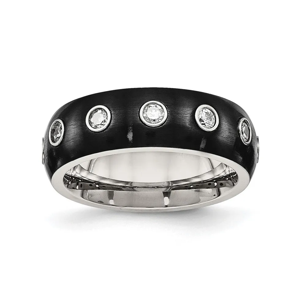 Chisel Stainless Steel Black Ip-plated Cz Half Round 7mm Band Ring