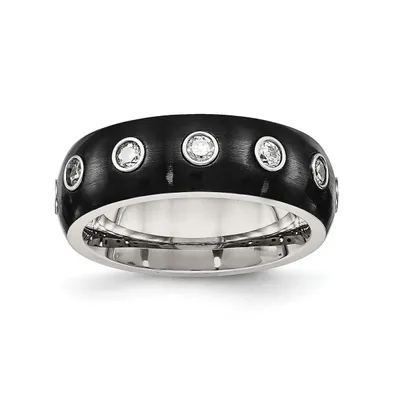 Chisel Stainless Steel Black Ip-plated Cz Half Round 7mm Band Ring