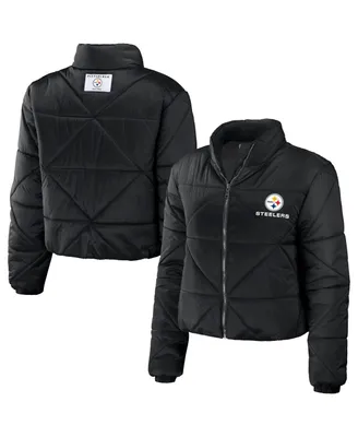 Women's Wear by Erin Andrews Black Pittsburgh Steelers Cropped Puffer Full-Zip Jacket