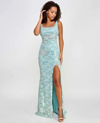 City Studios Juniors' Embellished Lace Square-Neck Gown