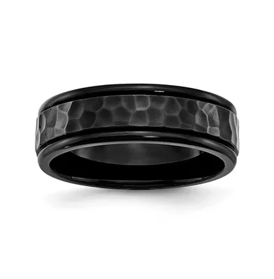Chisel Stainless Steel Polished Hammered Black Ip-plated 7mm Band Ring
