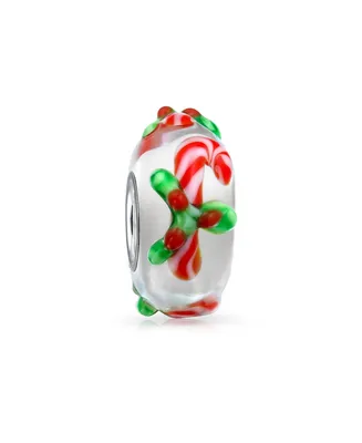Christmas Holiday Red Candy Cane Peppermint Murano Glass .925 Sterling Silver Spacer Bead Fits European Charm Bracelet For Women