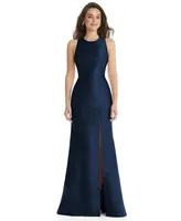 Womens Jewel Neck Bowed Open-Back Trumpet Dress with Front Slit