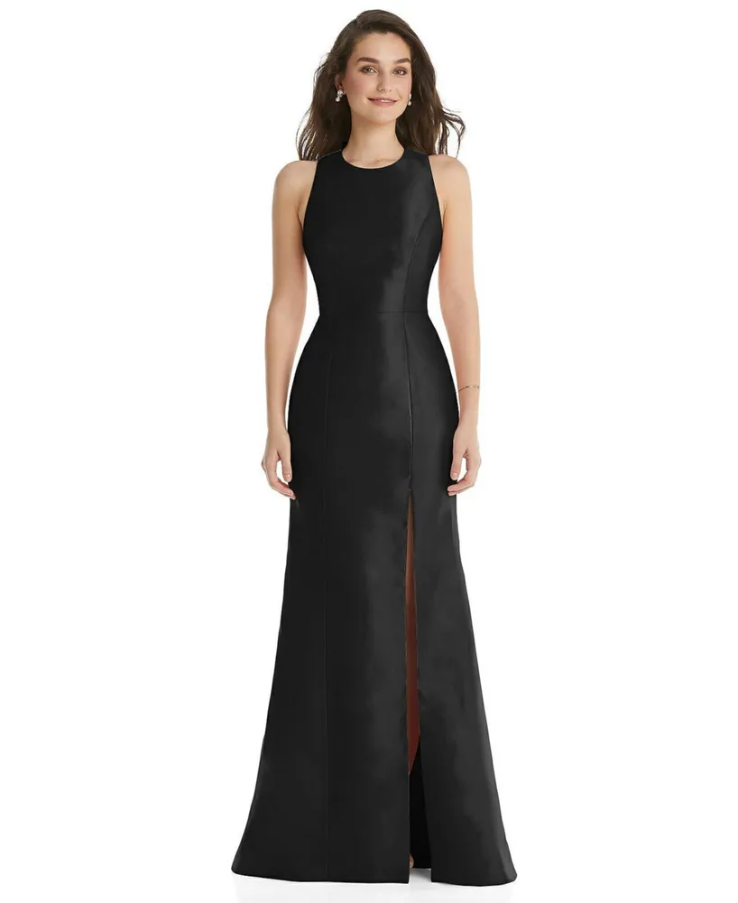 Womens Jewel Neck Bowed Open-Back Trumpet Dress with Front Slit