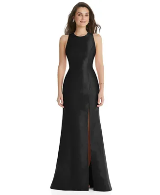 Womens Jewel Neck Bowed Open-Back Trumpet Dress with Front Slit