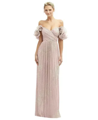 Womens Dramatic Ruffle Edge Convertible Strap Metallic Pleated Maxi Dress with Floral Gold Foil Print