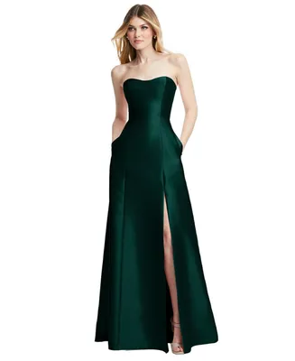 Womens Strapless A-line Satin Gown with Modern Bow Detail