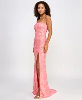 Emerald Sundae Juniors' Floral-Sequined Gown