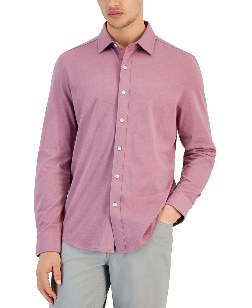 Alfani Men's Classic-Fit Heathered Jersey-Knit Button-Down Shirt, Created for Macy's