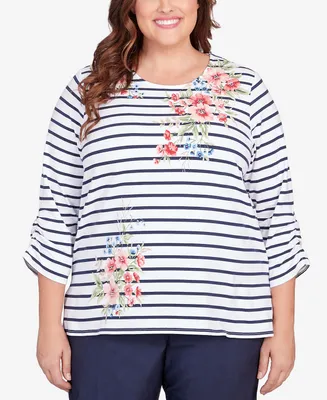 Alfred Dunner Plus Size A Fresh Start Ruched Sleeve Striped Floral Top