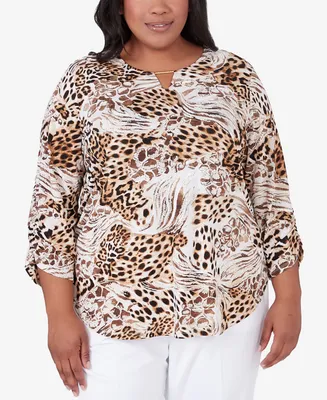 Alfred Dunner Plus Classic Puff Print Mixed Animal Split Neck Top
