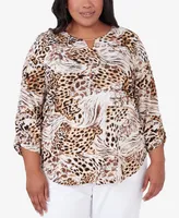 Alfred Dunner Plus Size Classic Puff Print Mixed Animal Print Split Neck Top