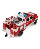 Bruder Ram Fire Service Truck with Light and Sound Module. Storage compartments with doors on both sides, rotating water