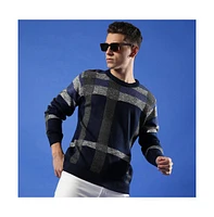 Campus Sutra Men's Blue & Grey Heathered Contrast Panel Pullover Sweater