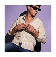 Campus Sutra Men's Beige Striped Cotton Shirt