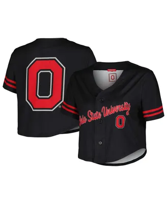 Women's Mitchell & Ness Black Ohio State Buckeyes Vault Cropped V-Neck Button-Up Shirt