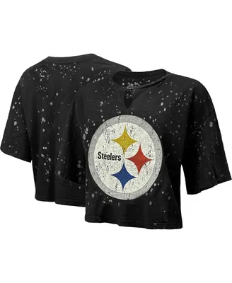 Women's Majestic Threads Black Distressed Pittsburgh Steelers Bleach Splatter Notch Neck Crop T-shirt