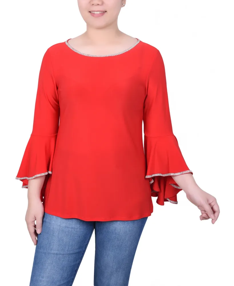 Ny Collection Petite Long Bell Sleeve Knit Top with Stone Details