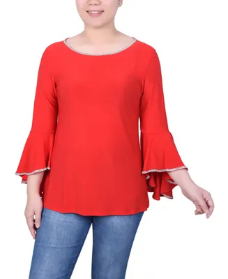 Ny Collection Petite Long Bell Sleeve Knit Top with Stone Details