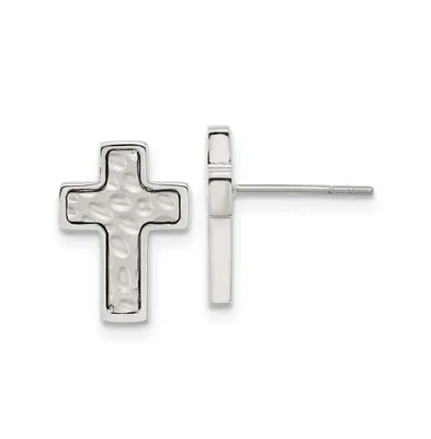 Chisel Stainless Steel Brushed Polished and Textured Cross Earrings
