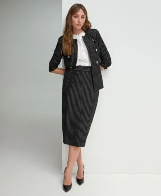 Tommy Hilfiger Womens Striped Band Collar Jacket Ruffled Blouse Pinstriped Midi Pencil Skirt
