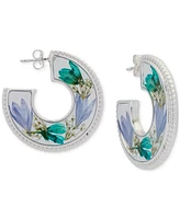 Lucky Brand Silver-Tone Pressed Flower Medium Open Hoop Earrings, 1.35"