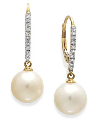 Cultured Freshwater Pearl (10mm) and Diamond (1/10 ct.t.w) Leverback Earrings 14k White Gold (Also available yellow gold)