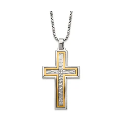 Chisel Brushed Yellow Ip-plated Cz Cross Pendant Box Chain Necklace