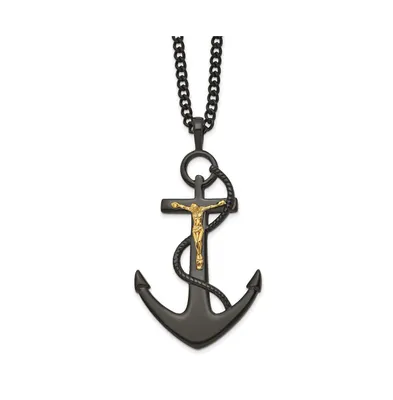 Chisel Polished Black and Yellow Ip-plated Crucifix Anchor Necklace