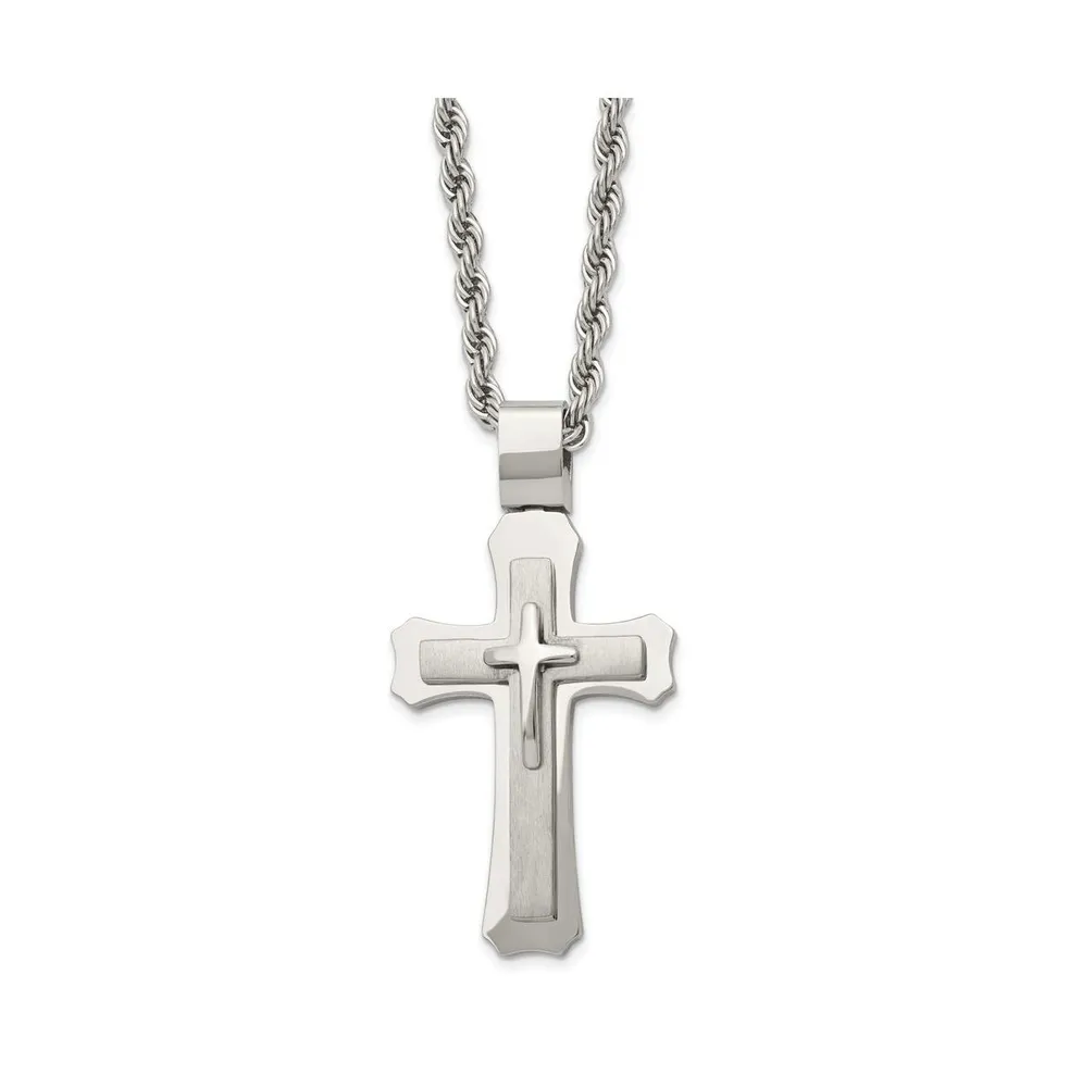 Chisel Brushed Triple Layer Cross Pendant Rope Chain Necklace