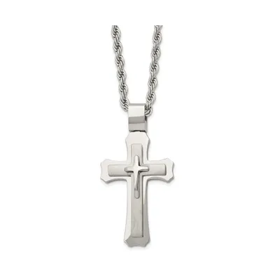 Chisel Brushed Triple Layer Cross Pendant Rope Chain Necklace