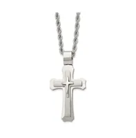 Chisel Brushed Triple Layer Cross Pendant Rope Chain Necklace