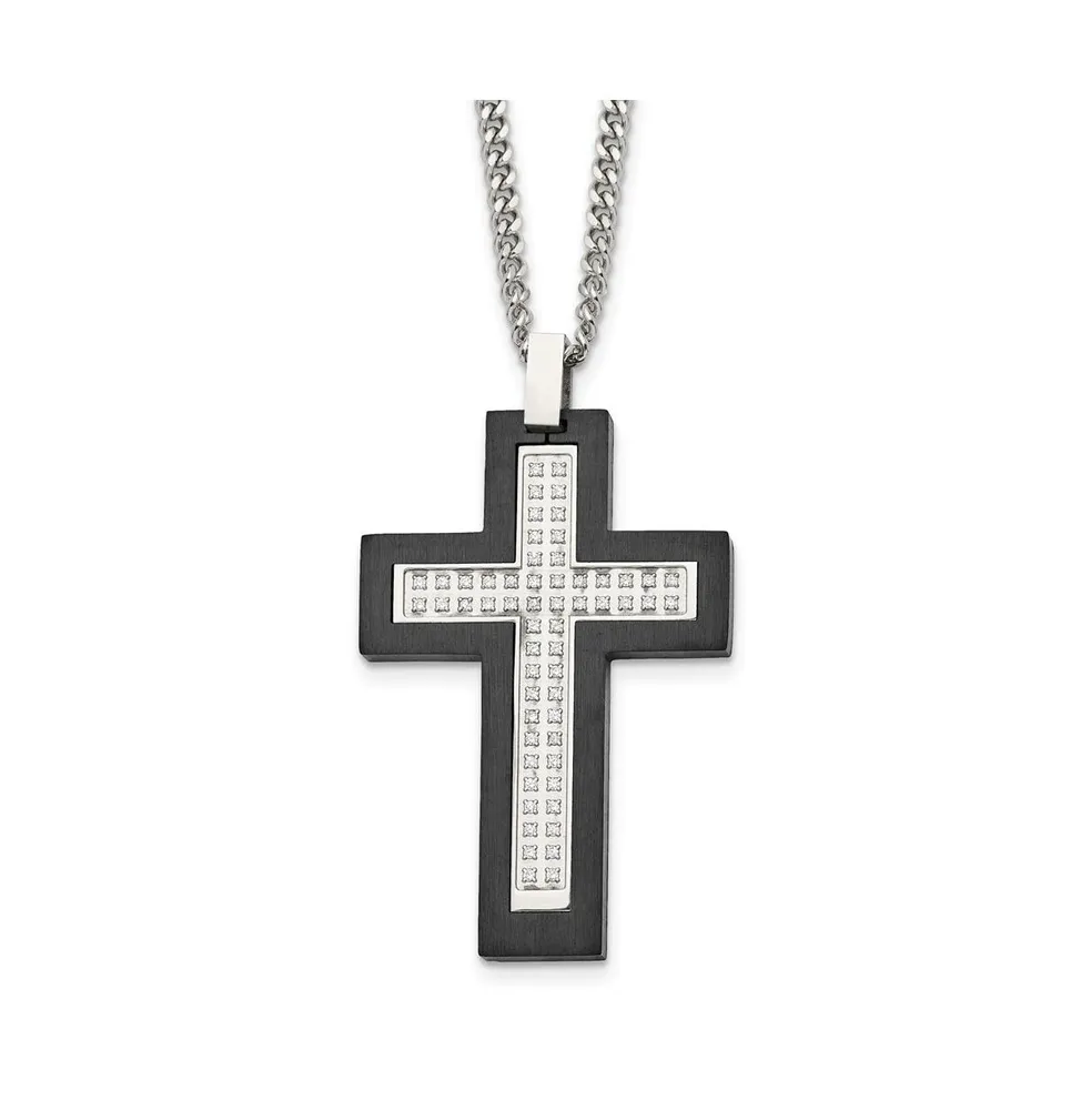 Chisel Brushed Black Ip -plated Edges Cz Cross Pendant Cable Chain Necklace