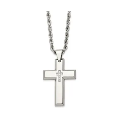 Chisel Polished with Cz Cross Pendant on a Rope Chain Necklace