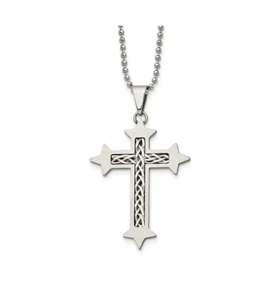 Chisel Brushed Braided Sterling Silver Inlay Cross Pendant Ball Chain Necklace