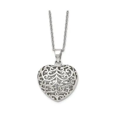 Chisel Polished Filigree Puffed Heart Pendant Cable Chain Necklace