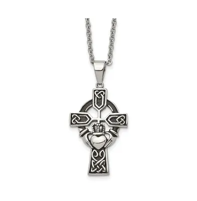 Chisel Antiqued Claddagh Cross Pendant Cable Chain Necklace
