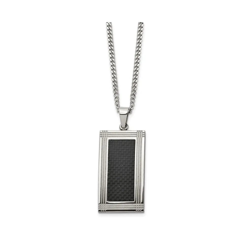 Chisel Grooved Black Carbon Fiber Inlay Rectangle Dog Tag Curb Chain Necklace