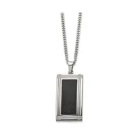 Chisel Grooved Black Carbon Fiber Inlay Rectangle Dog Tag Curb Chain Necklace